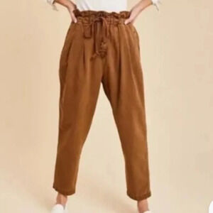 Free People Margate  Pleated Trousers Paperbag Waist Pants Brown